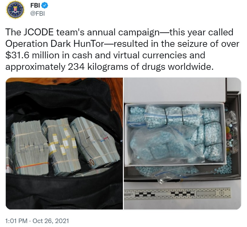 عملیات بین المللی Dark Huntor 31.6 میلیون دلار پول نقد و ارزهای دیجیتال کشف و 150 نفر را در سراسر جهان دستگیر کرد.