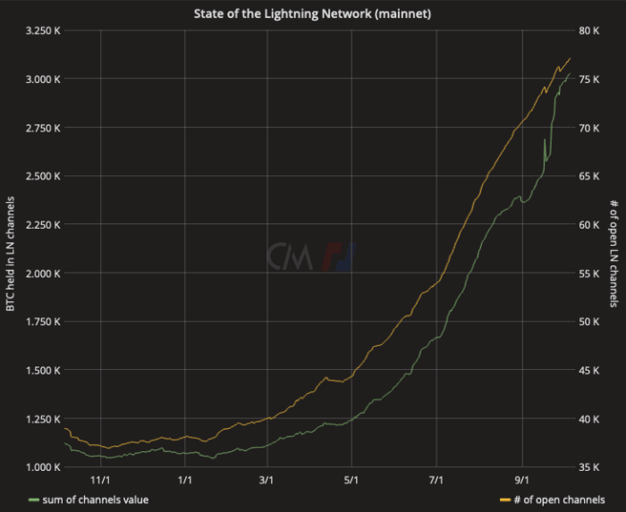 شبکه Lightning در حال حاضر 77،097 کانال باز دارد که در مجموع 3،023.87 بیت کوین را در خود جای می دهند. منبع: txstats.com