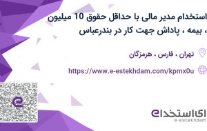 استخدام مدیر مالی با حداقل حقوق 10 میلیون، بیمه، پاداش جهت کار در بندرعباس