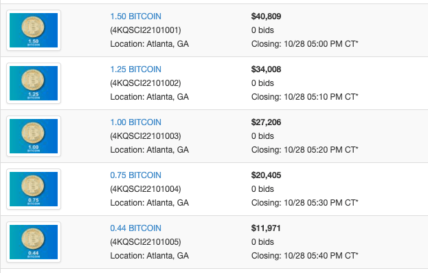 4.94 BTC در پنج لات مختلف به حراج گذاشته خواهد شد.  منبع: GSA Auctions.