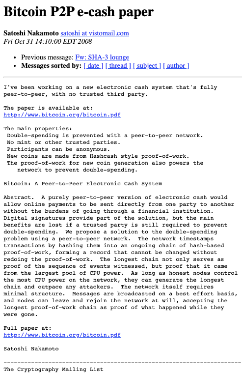 ایمیل ساتوشی که بیت کوین را به فهرست پستی رمزنگاری اعلام می کند