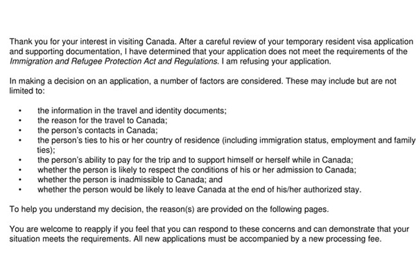 نمونه نامه اعتراض به ریجکتی کانادا 