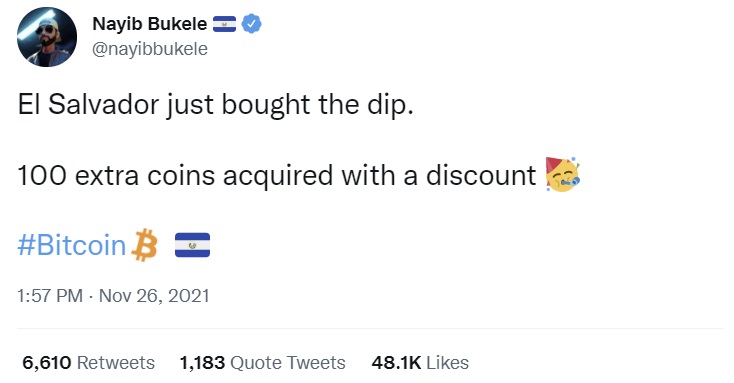 السالوادور 100 بیت کوین دیگر را در میان فروش کریپتو و ترس از نوع جدید Covid-19 خریداری کرد السالوادور 100 بیت کوین دیگر را در میان فروش کریپتو و ترس از نوع جدید Covid-19 خریداری کرد