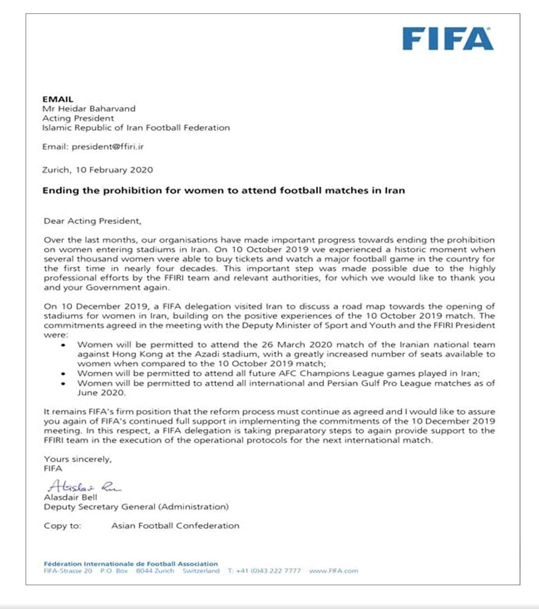 رونمایی از نامه جنجالی فیفا به فدراسیون فوتبال درباره حضور بانوان در ورزشگاهها/عکس