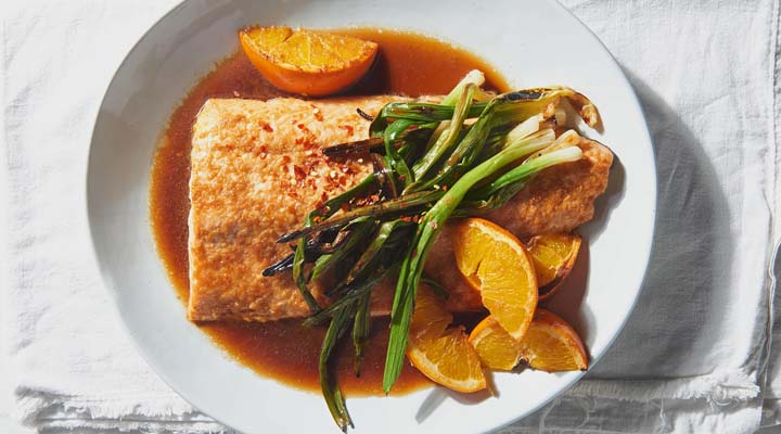 غذا با ماهی سالمون - سالمون پرتقالی و پیازچه
