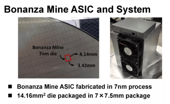 ریگ ماینینگ بیت کوین اینتل از صدها تراشه تخصصی به نام Bonanza Mine ASIC تشکیل شده است که در مجموع می توانند 40th/s ظرفیت هش را تولید کنند و 3600 وات انرژی مصرف می کنند.  منبع: Tom's Hardware.