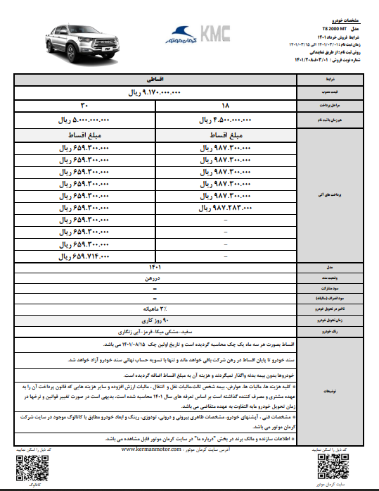 فروش اقساطی پیکاپ کرمان موتور