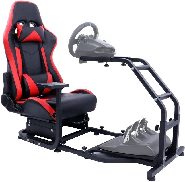 تصویر صندلی مخصوص بازی مسابقه ای قرمز و مشکی با فرمان و پدال گیمینگ