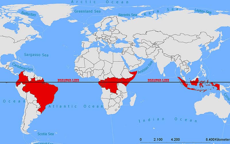 محل عبور خط استوا از روی نقشه کره زمین