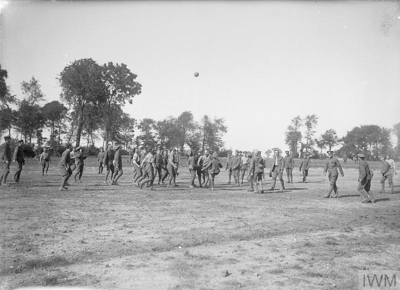 Troops of the 1st Battalion, Wiltshire Regiment, playing football near Bouzincourt, September 1916.