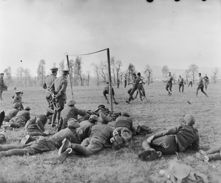 A photograph of an officers versus other ranks football match being played by members of the 26th Divisional Ammunition Train.