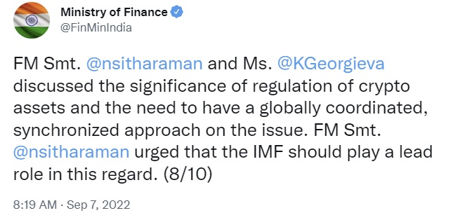 وزیر دارایی هند از صندوق بین‌المللی پول می‌خواهد در مقررات مربوط به رمزارزها رهبری کند - جورجیوا می‌گوید صندوق بین‌المللی پول آماده همکاری با هند است