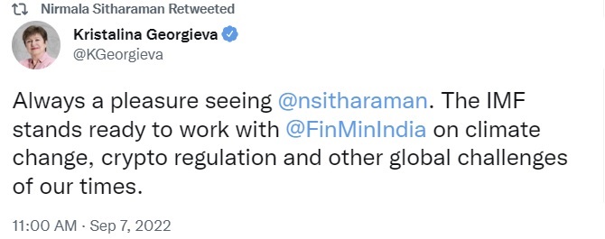 وزیر دارایی هند از صندوق بین‌المللی پول می‌خواهد در مقررات مربوط به رمزارزها رهبری کند - جورجیوا می‌گوید صندوق بین‌المللی پول آماده همکاری با هند است