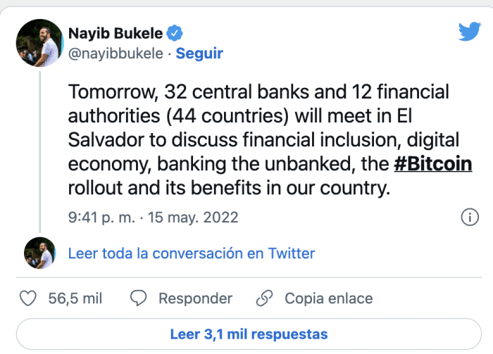 nayib bukele توییتی درباره 32 بانک مرکزی و 12 مقام مالی منتشر کرد