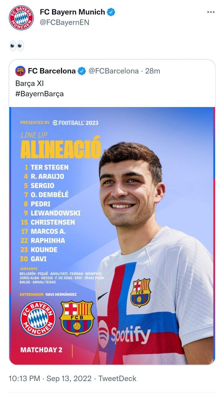 کری‌خوانی توییتری بایرن‌مونیخ با بارسلونا/عکس