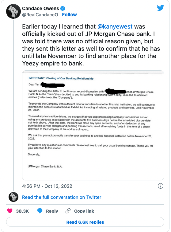 Candace توئیتی در مورد کانیه وست جی پی مورگان دارد.