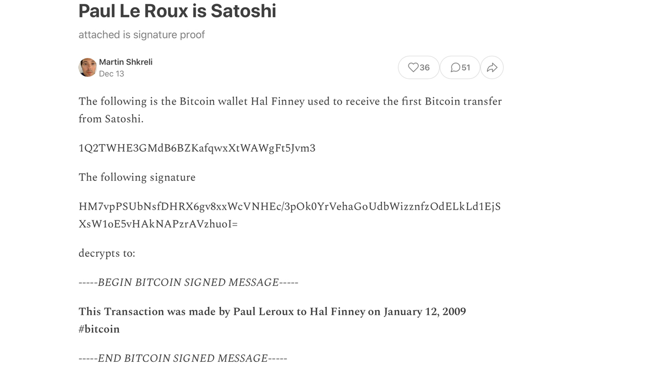 شخص مرموز دیگری یک آدرس BTC 2009 را امضا می کند، پیامی که توسط مارتین شکرلی به اشتراک گذاشته شده است از مجرم شناخته شده پل لو روکس نام می برد.