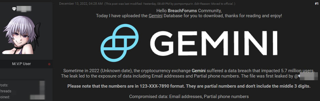 درز اطلاعات مشتری Gemini برای فروش در انجمن هکرها برای 30 BTC در ماه سپتامبر تبلیغ شد.