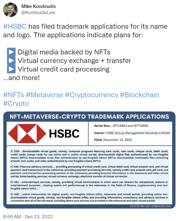 بانکداری غول پیکر HSBC علائم تجاری برای طیف گسترده ای از ارزهای دیجیتال و محصولات Metaverse ثبت می کند
