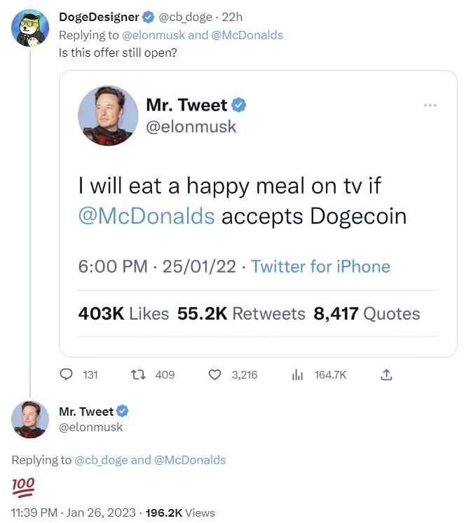 ایلان ماسک مجدداً پیشنهاد می‌کند در صورت پذیرش Dogecoin مک‌دونالد، از تلویزیون غذای شاد بخورید.