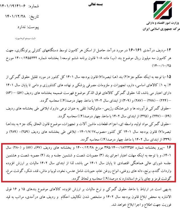  اعمال مجدد مالیات ارزش افزوده ۹ درصدی کالاهای اساسی در سال ۱۴۰۲ + سند