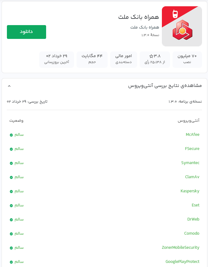 نمونه‌ای از اسکن همراه‌بانک ملت توسط ده آنتی‌ویروس‌ جهانی در بازار 