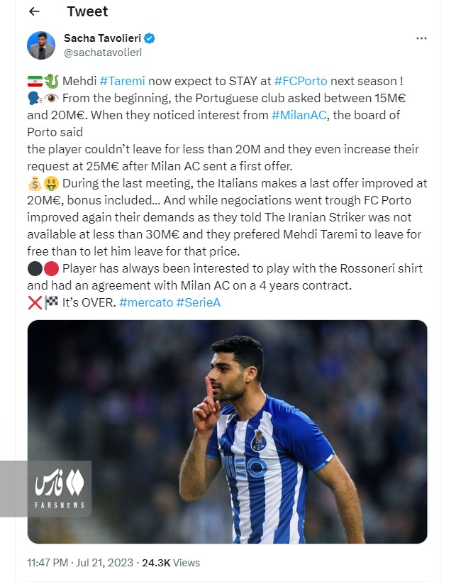 عکس‌| افشاگری از پشت پرده شکست توافق 4 ساله طارمی با میلان