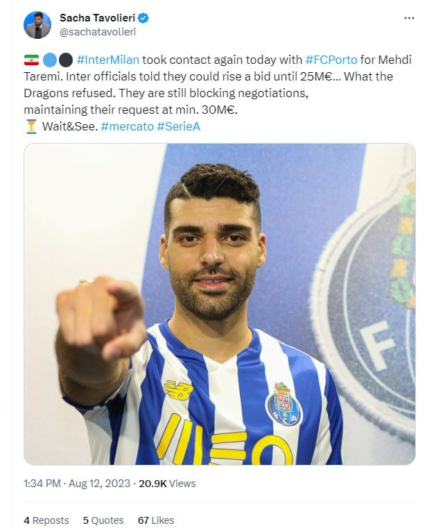 عکس‌| پاسخ منفی پورتو به دومین پیشنهاد اینتر برای طارمی