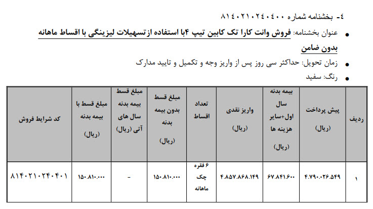 نحوه فروش وانت کارا به روش لیزینگ اعلام شد