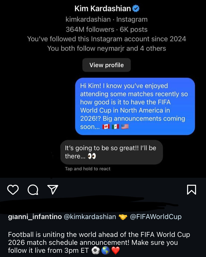 عکس| پیام ویژه رئیس فیفا به کیم کارداشیان!