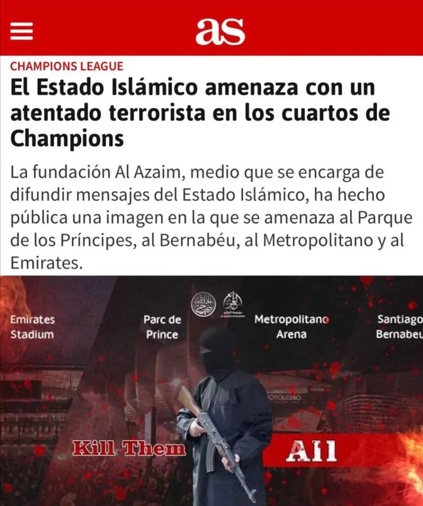 داعش تهدید کرد بازی‌های لیگ قهرمانان اروپا را هدف قرار می‌دهد