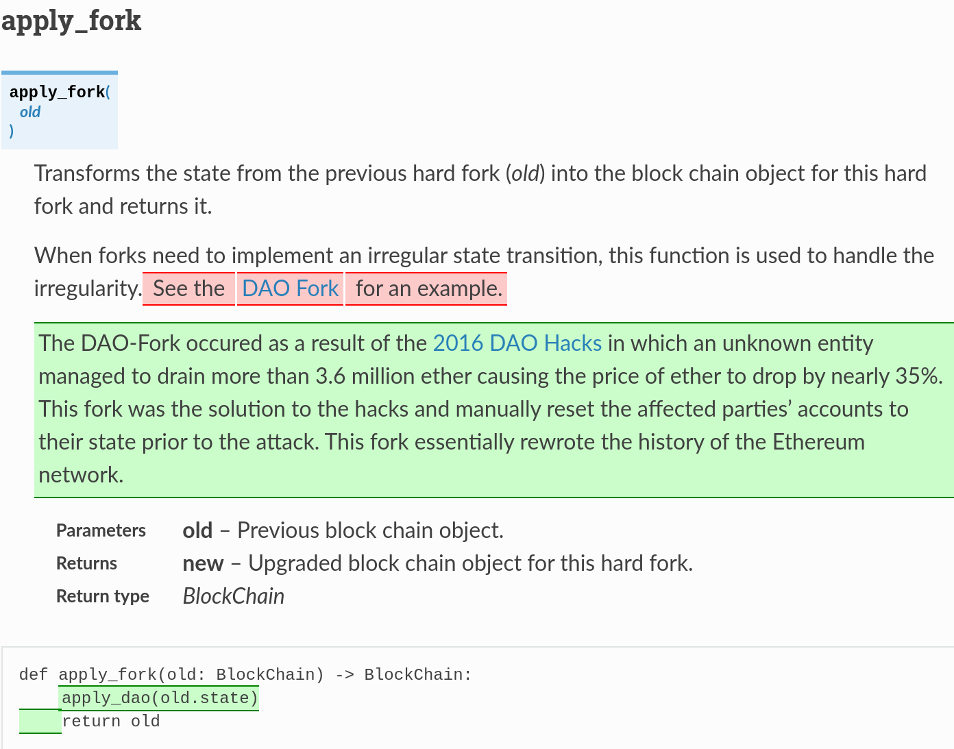 تصویری از تفاوت‌های تابع application_fork بین homestead و فورک DAO