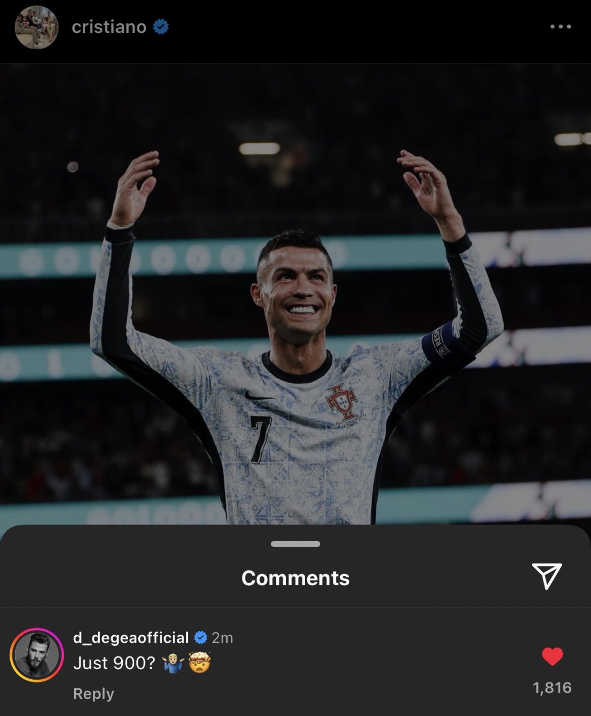 کامنت طنز داوید دخیا زیر پست اینستگرام کریستیانو رونالدو