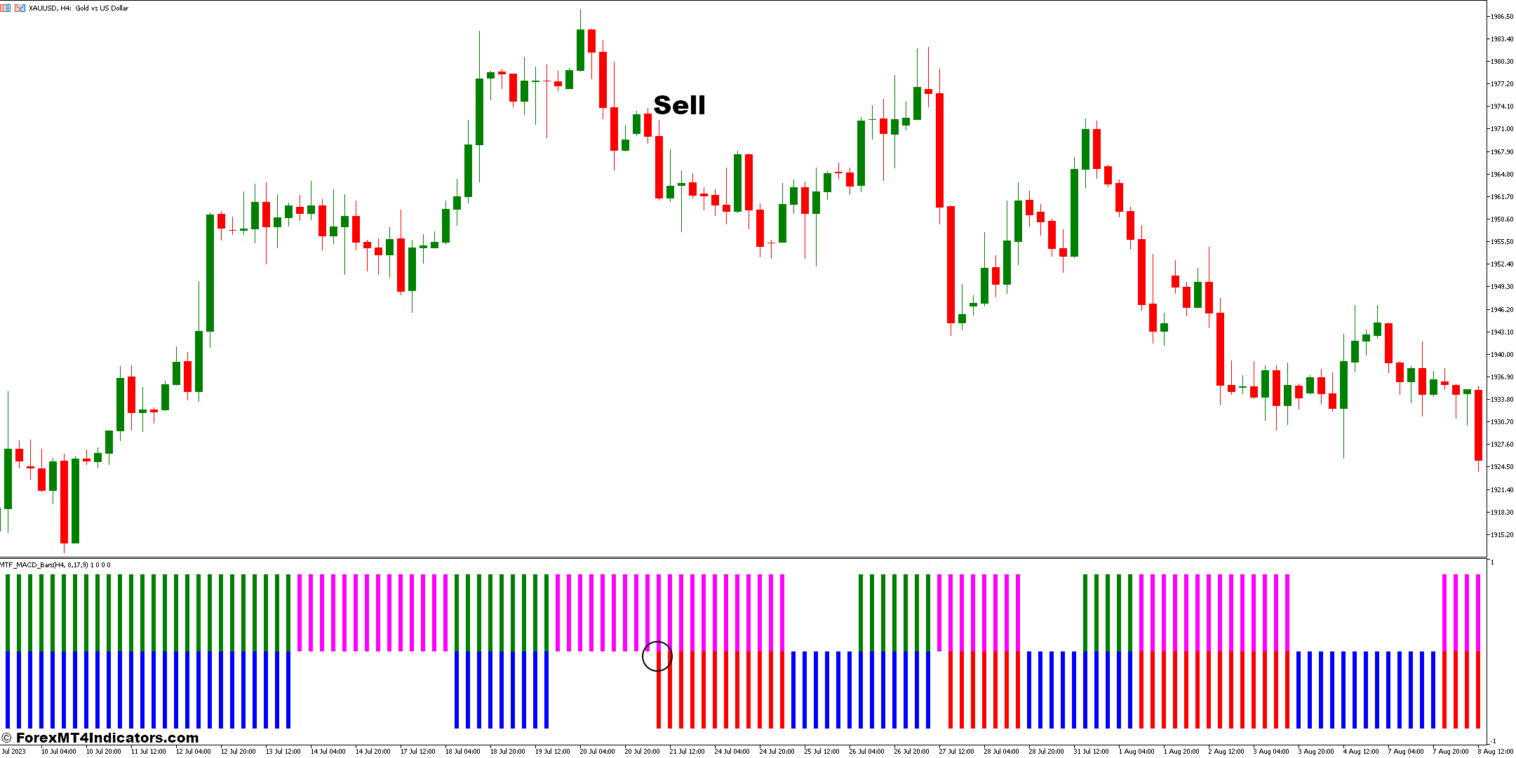 نحوه معامله با نشانگر میله های MACD MTF - ورود به فروش