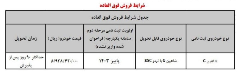 شرایط فروش فوق العاده خودرو شاهین G آذر 1403 + جدول و جزئیات