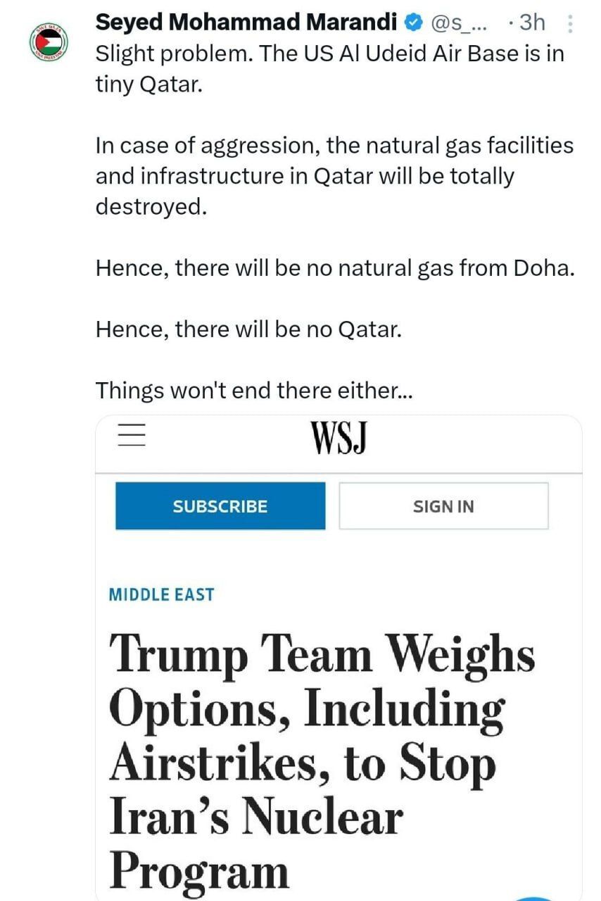 مرندی: به تاسیسات ایران حمله شود، تاسیسات گازی قطر را با خاک یکسان می‌کنیم