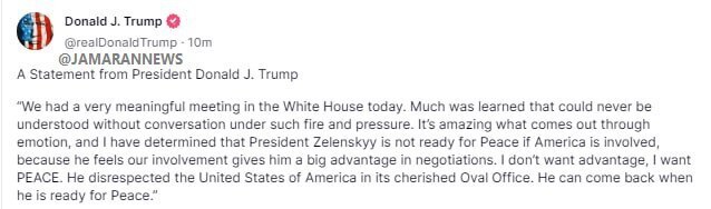 بیانیه ترامپ بعد از دیدار با زلنسکی: او آماده صلح نیست! بیانیه ترامپ بعد از دیدار با زلنسکی: او آماده صلح نیست!