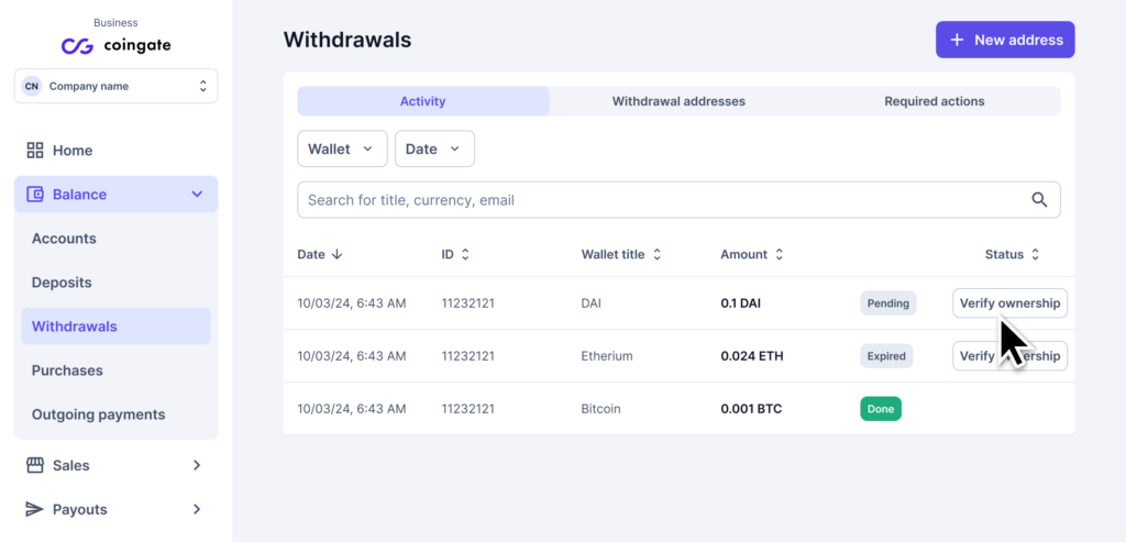 برداشت داشبورد Coingate