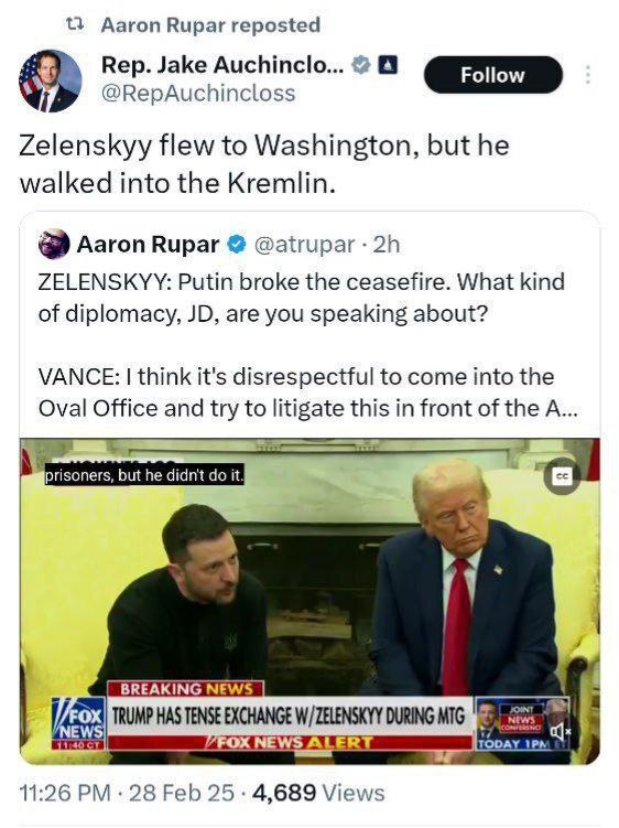 کنایه نماینده کنگره آمریکا به رفتار تحقیرآمیز ترامپ با زلنسکی + عکس کنایه نماینده کنگره آمریکا به رفتار تحقیرآمیز ترامپ با زلنسکی + عکس