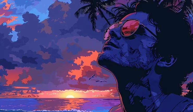 مرد عینک دودی در ساحل استایل کامیک