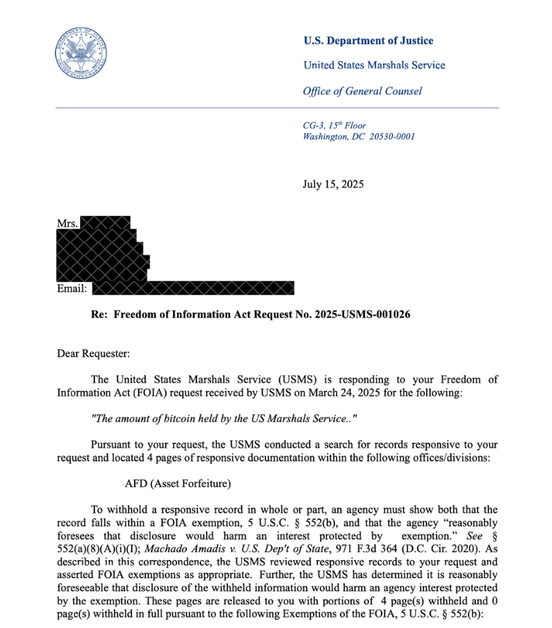 FOIA Request Reveals US Marshal Service Holds Nearly 29,000 BTC Worth $3.44 Billion 1