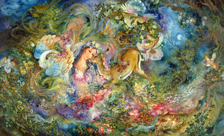 نقاشی مینیاتور زن و آهو محمود فرشچیان