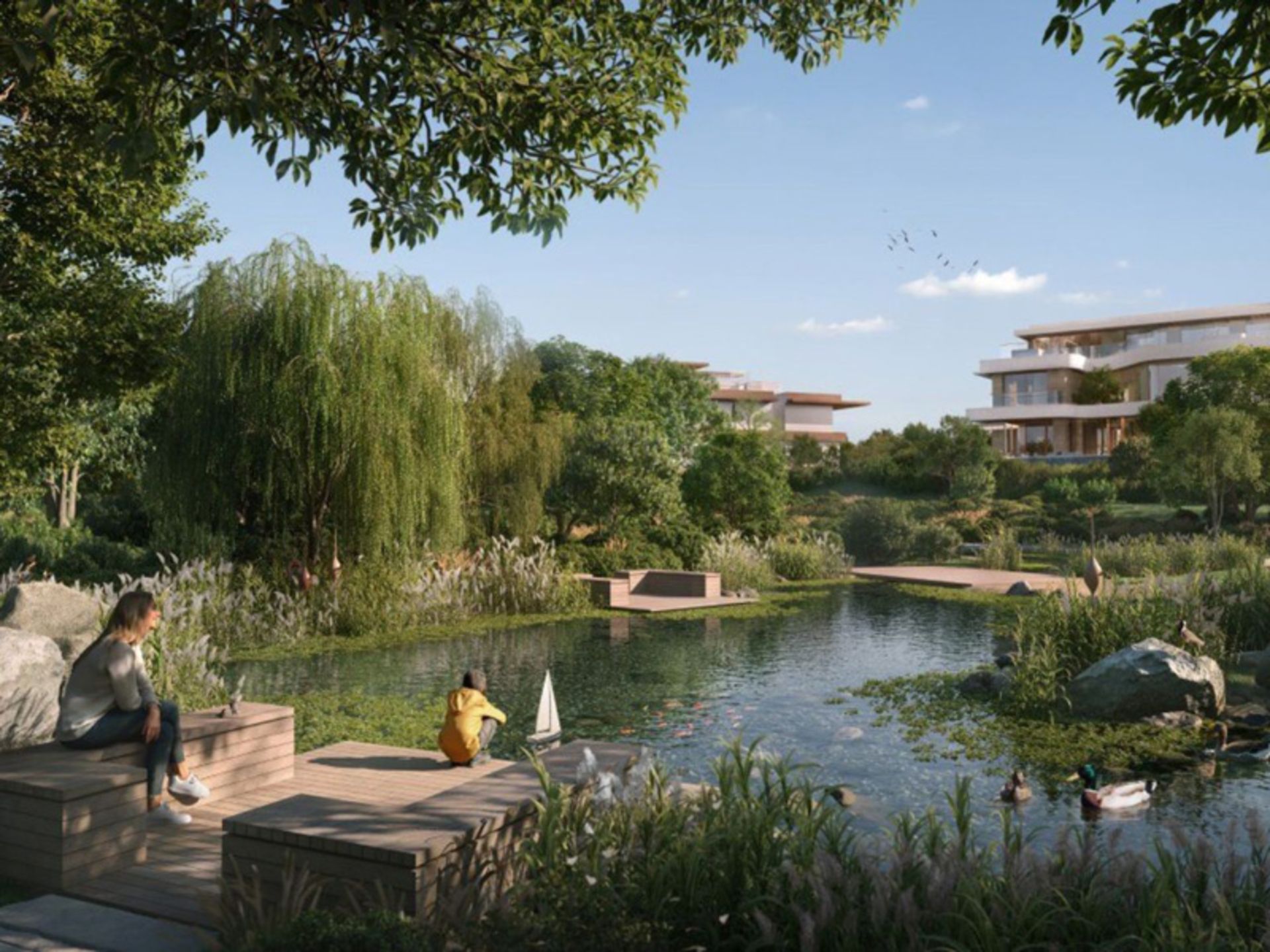 کودکی در حال بازی با قایق چوبی در برکه وایلدز