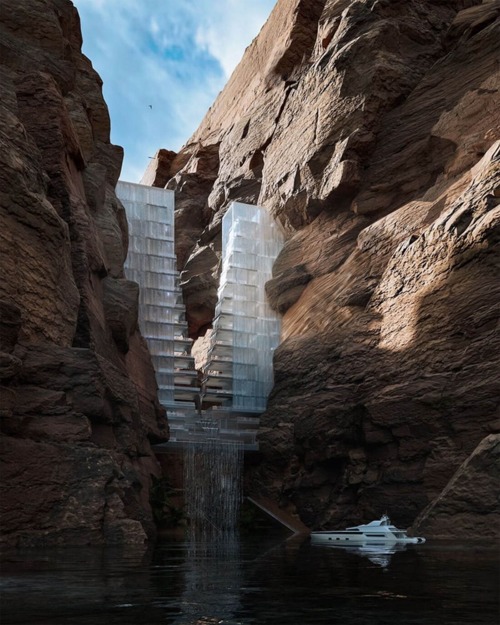 قایقی در آب‌های زیرین هتل مکعب یخی عربستان