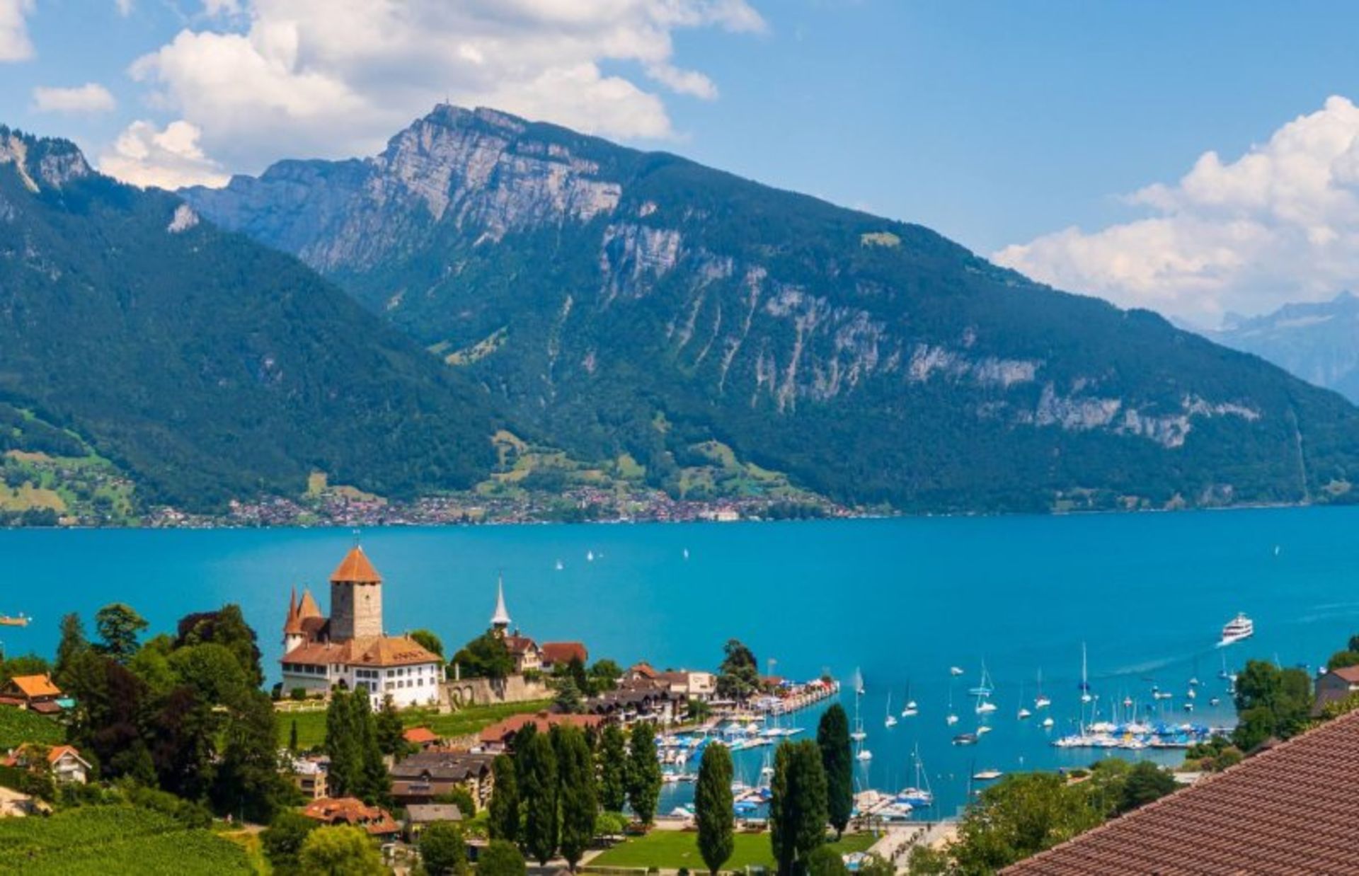 کوه ها و درختان در کنار دریاچه ژنو و قایق ها در آب دریاچه