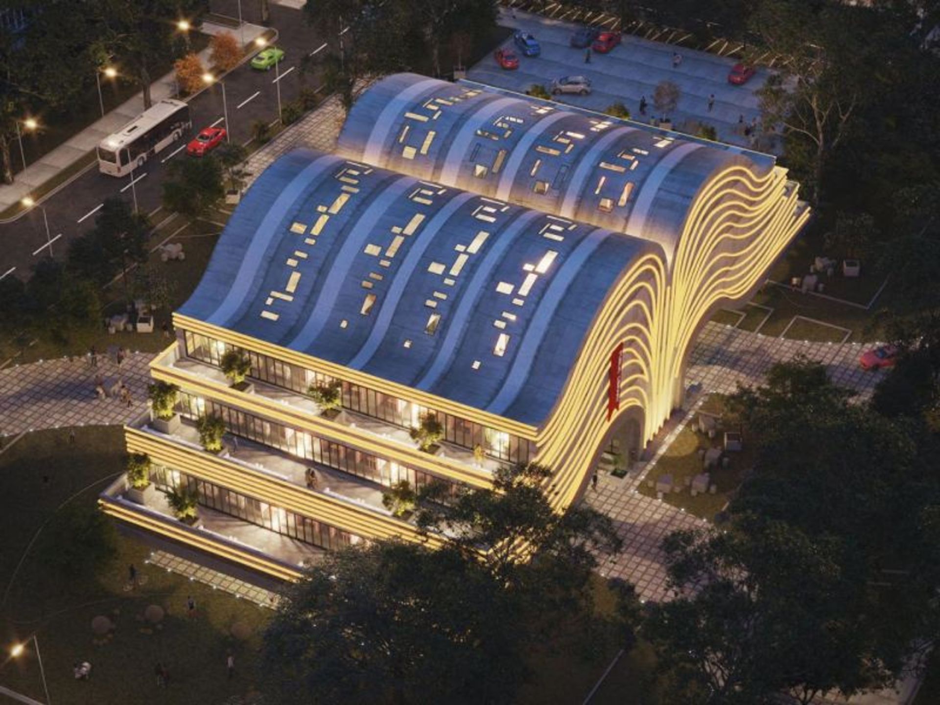 نورپردازی نمای بیرونی ساختمان کتابخانه کتاب باز