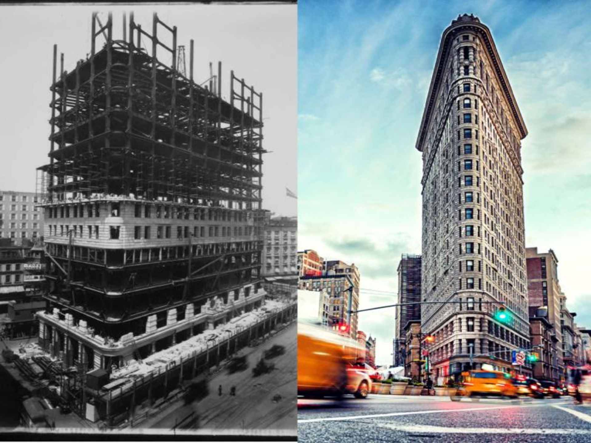 ساختمان فلت‌ آیرن در مراحل ساخت و پس از تکمیل