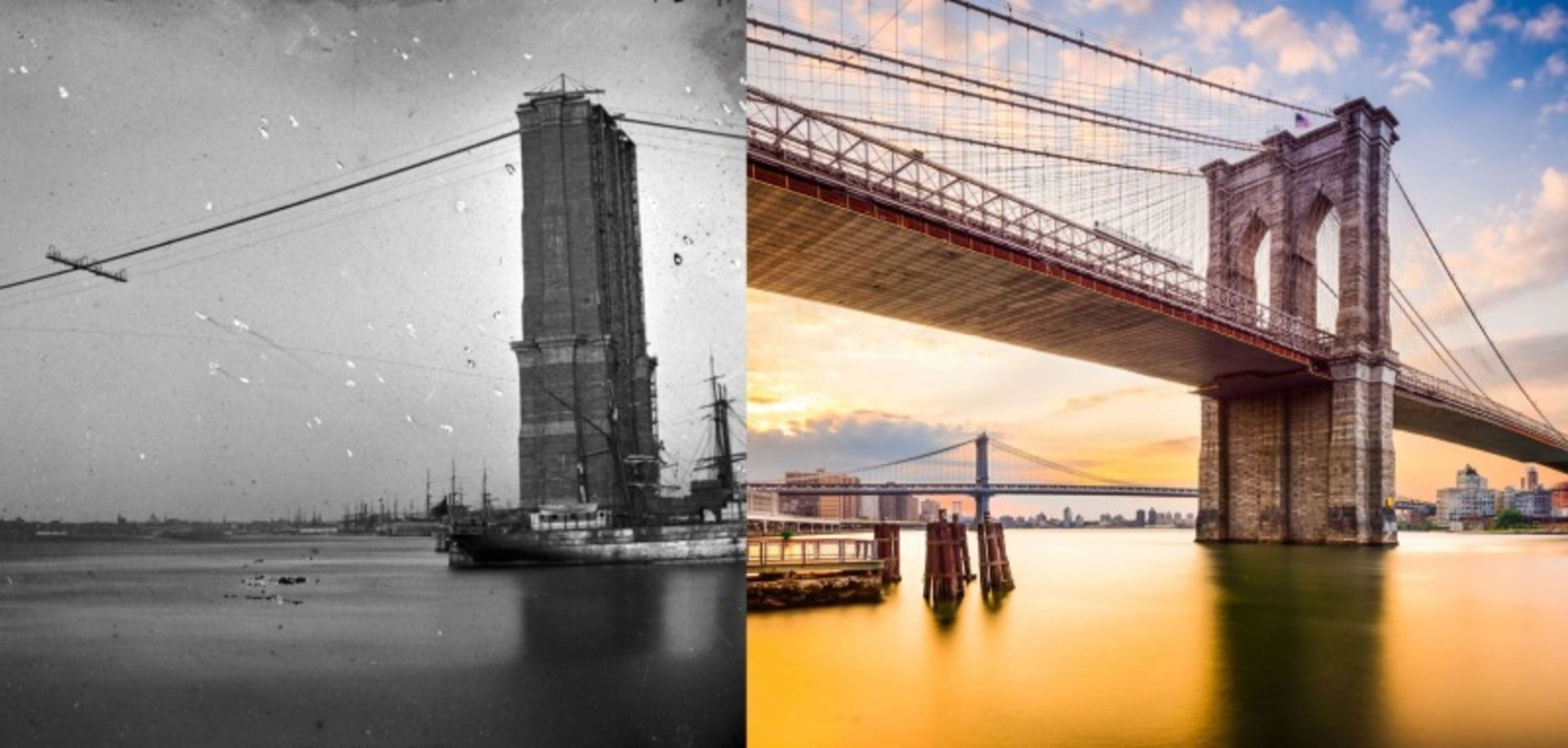 پل بروکلین در مراحل ساخت و پس از تکمیل