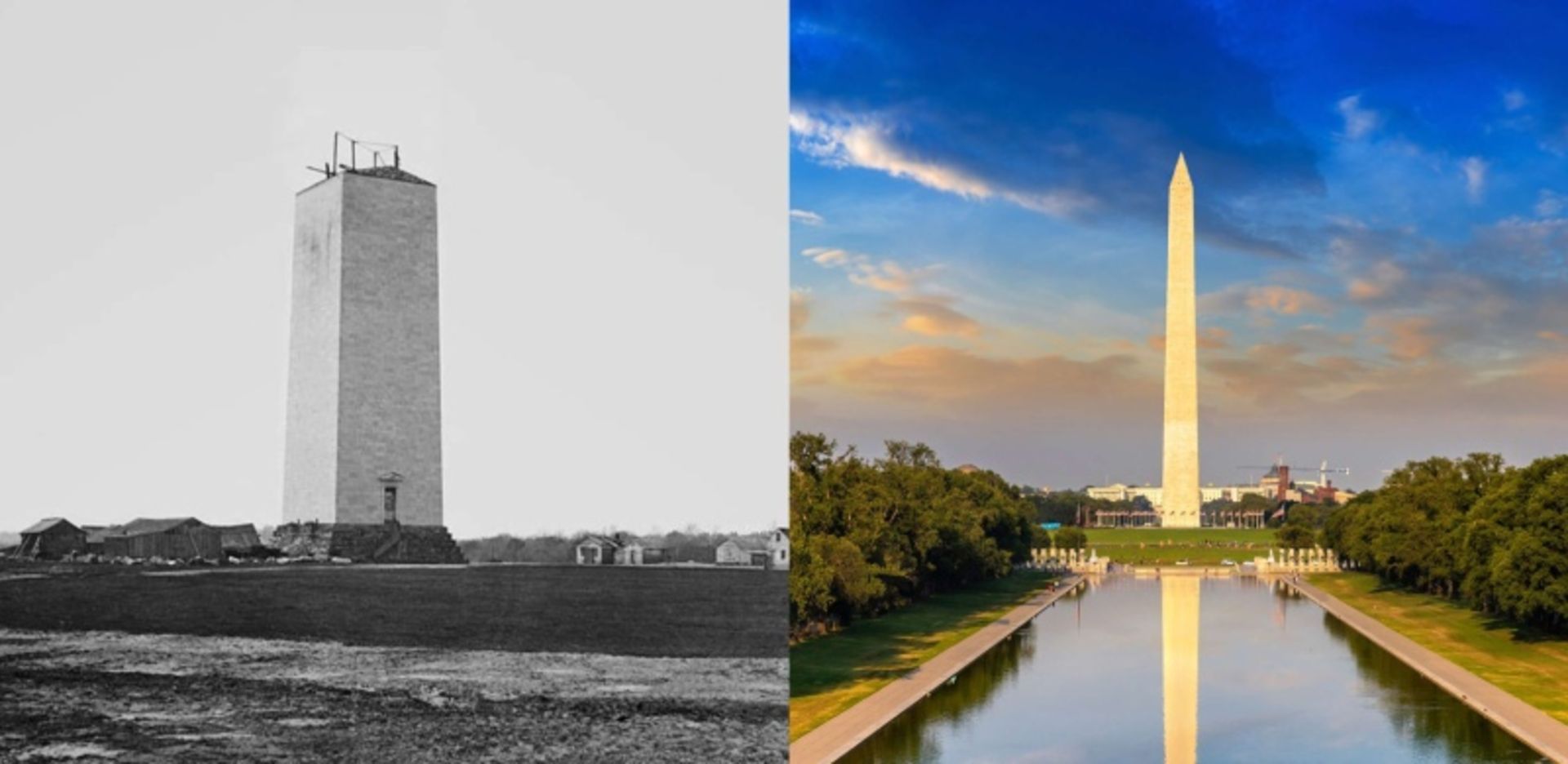 بنای یادبود واشینگتن در مراحل ساخت و پس از تکمیل
