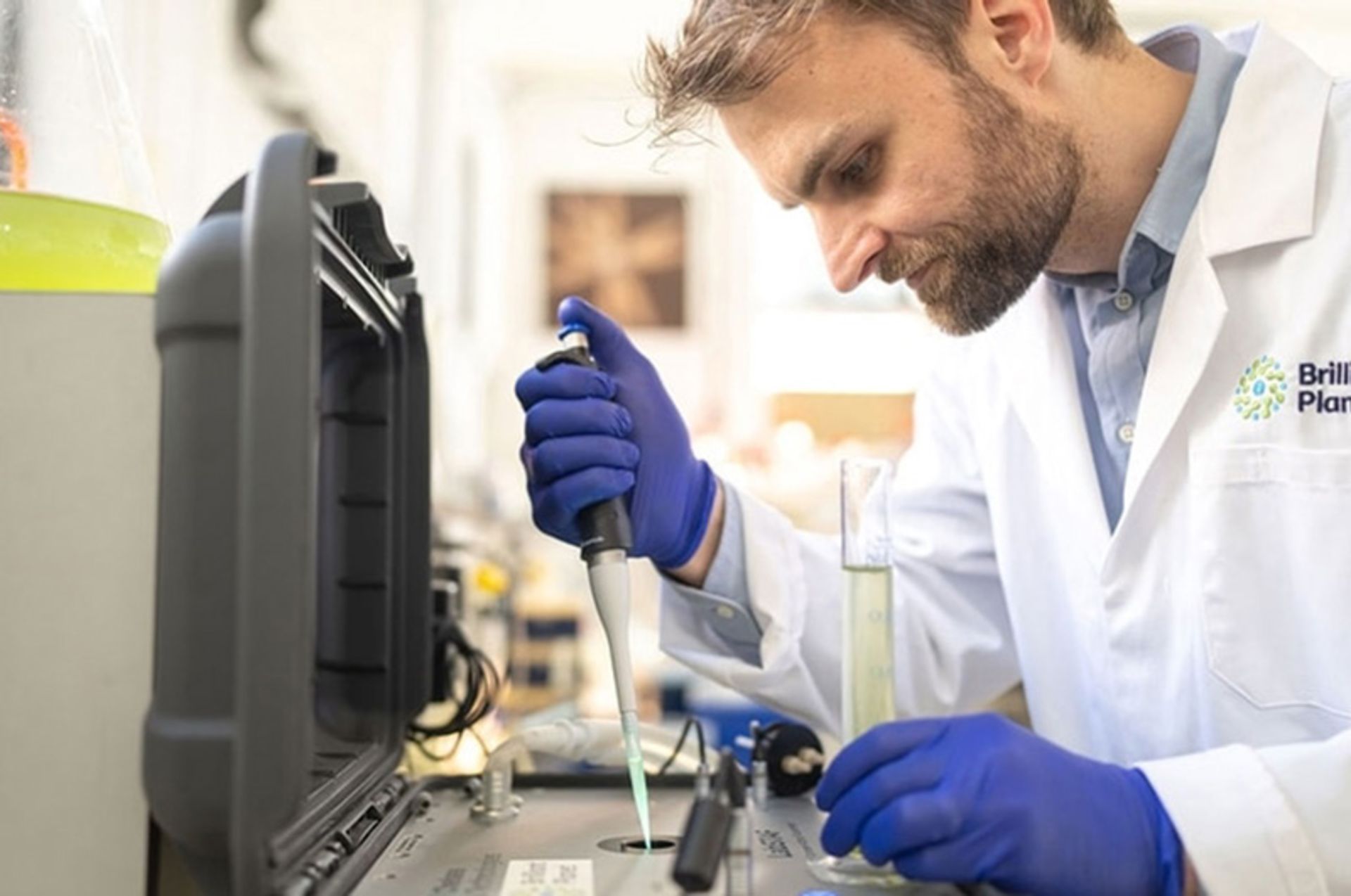 متصدی آزمایشگاه در حال بررسی جلبک زیر میکروسکوپ